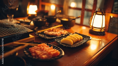 Exquisite Japanese Cuisine with Raw Fish, Fresh Ingredients, and Warm Ambiance in a Traditional Restaurant Setting
