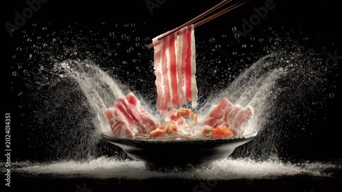 Sliced meat with colorful vegetables in steaming bowl with water splashes and chopsticks in dark background for culinary art and food photography enthusiasts