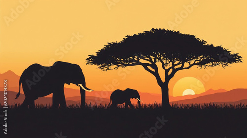Photography Flat vector graphic illustration of  silhouette  elephants on sunset