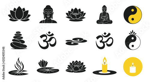 Quadro su tela Zen Buddhism Icons: Lotus, Buddha, Yin Yang, Om, Candle, Stones