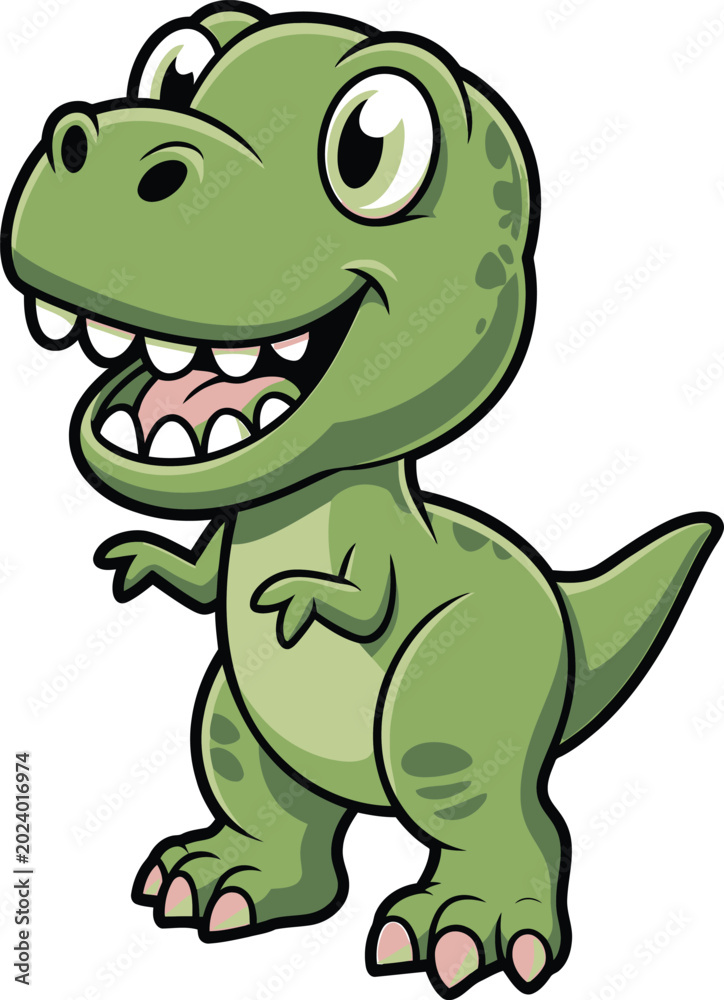 Fototapeta premium A cute green cartoon Tyrannosaurus Rex dinosaur stands smiling with a big open mouth