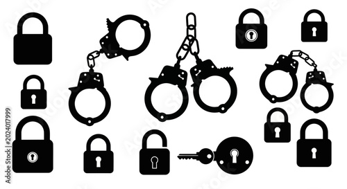 Schilderij op canvas Handcuffs and Padlocks Silhouette Icons Set