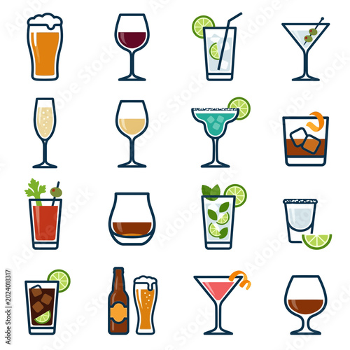 Minimalist Vector Icon Set of Popular Cocktails and Alcoholic Drinks