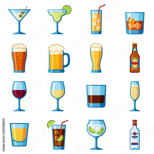 Set of flat vector icons for alcoholic drinks and cocktails