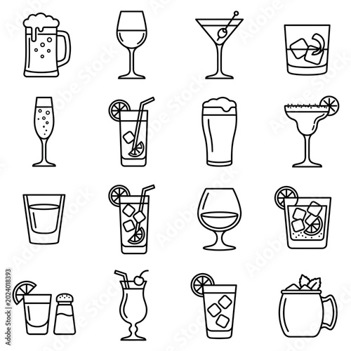 Set of 16 black and white drink line art icons