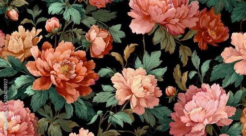 Luxurious Seamless Pattern of Peonies in Vibrant Coral Peach and Pink Hues Against a Deep Black Background Detailed Floral Illustration Exquisite Botanical Art for Textiles and Decor