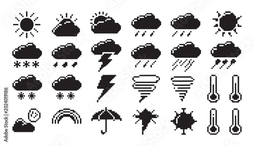 Photos Diverse assortment of weather related pixel icons including rain sun clouds and symbols
