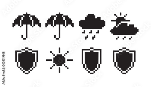 Fotografia Pixel weather icons featuring umbrella cloud rain sun and shield symbols