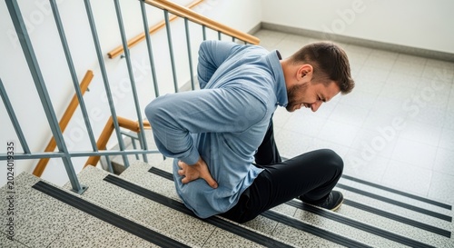 Man Suffering from Severe Lower Back Pain After Falling Down Stairs in an Office Building or Public Space
