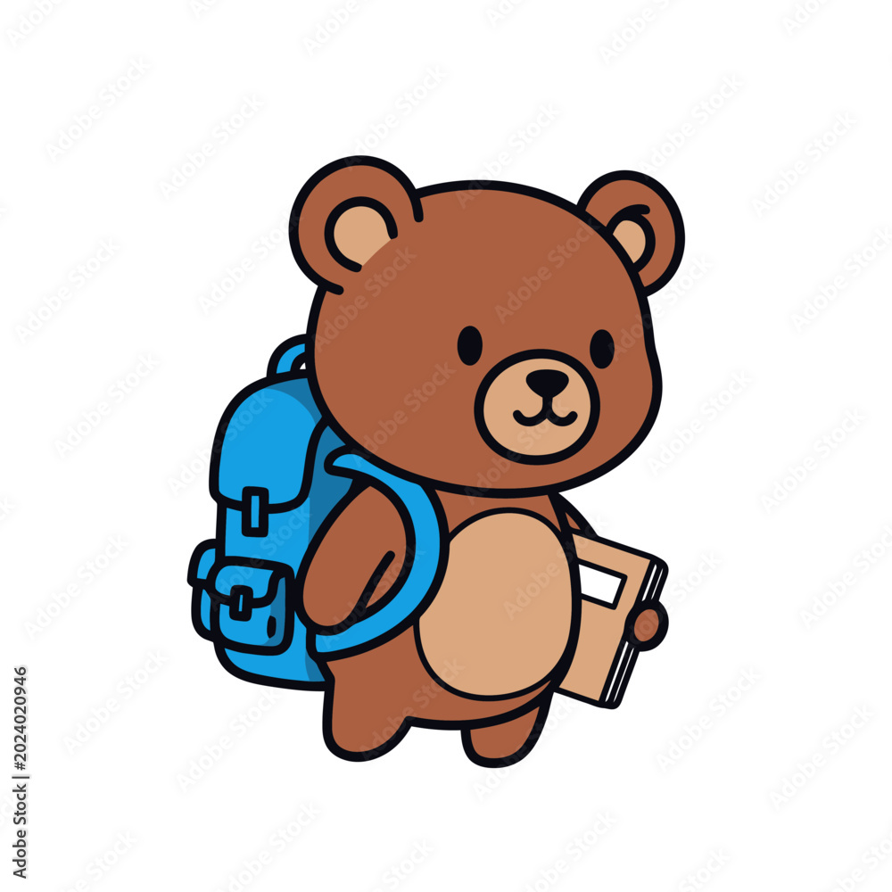Obraz premium Cute cartoon bear with backpack and book ready for school.