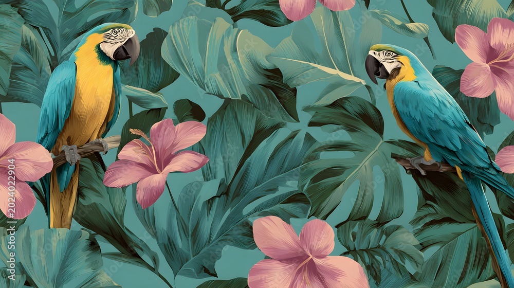 Cool Seamless Tropical Plant Parrot Pattern