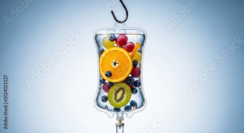 Vitamin IV Drip Therapy Concept with Fresh Fruits in Saline Bag for Health and Wellness