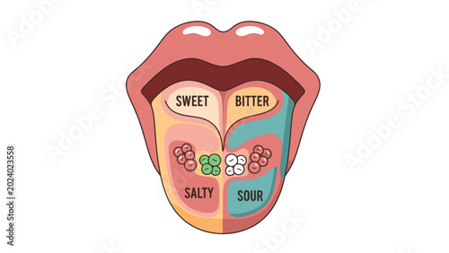 Detailed Human Tongue Taste Map Vector Illustration with Sweet, Salty, Bitter, and Sour Zones for Education