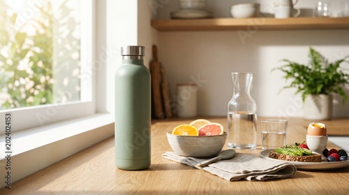 Still life of healthy breakfast on table.
