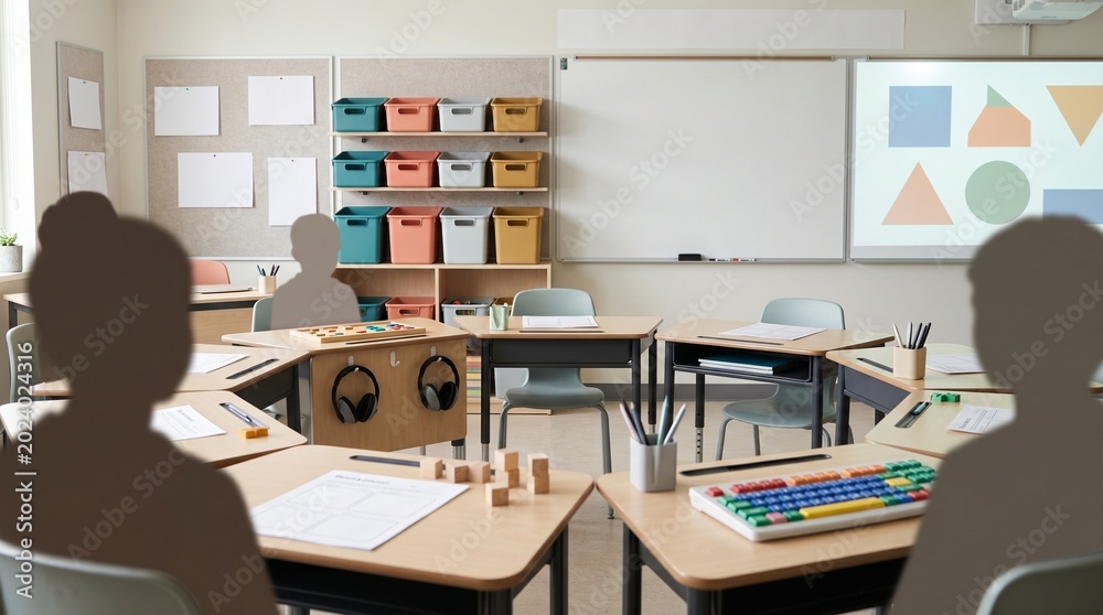 Naklejka premium students in a classroom with educational materials.