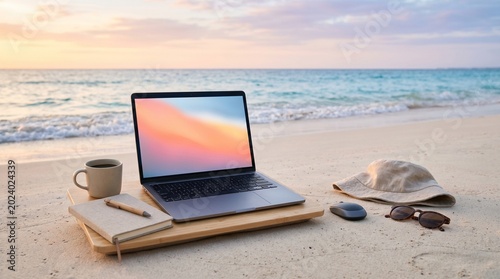 Laptop on the beach at sunset.