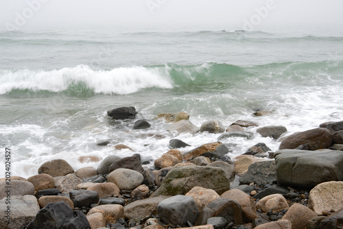Waves crashing onto the shore on a foggy day