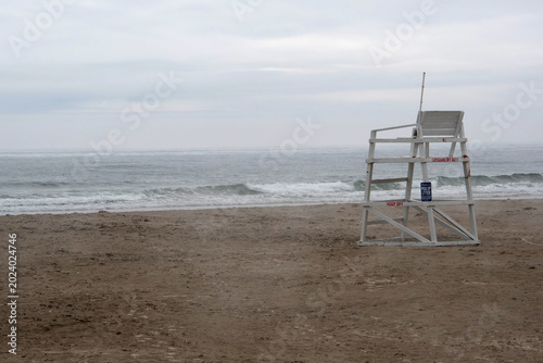 Empty Lifegaurd tower on foggy beach