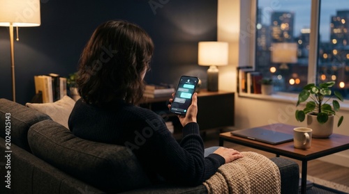 Woman relaxing on a couch with smartphone in a cozy living room at night.