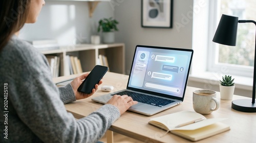 woman working on laptop with phone.