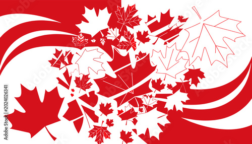Foto Stylized Canadian flag design with a dynamic arrangement of red and white maple leaves and abstract wavy patterns, symbolizing national pride and autumn