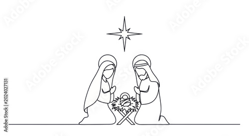 Cuadro en lienzo Minimalist Nativity Scene Line Art: Mary, Joseph, Baby Jesus, Star of Bethlehem