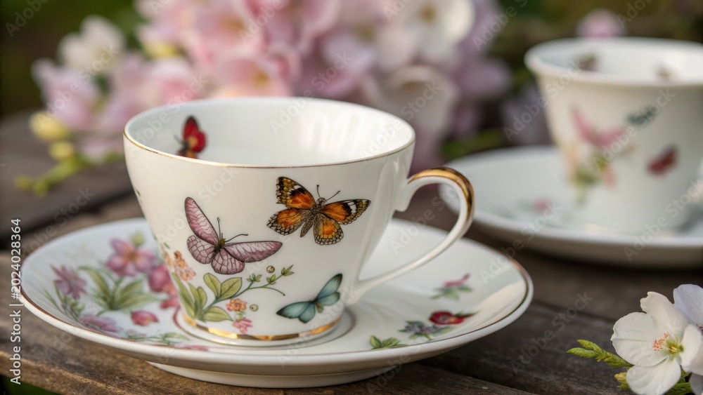 Fototapeta premium Elegant Butterfly Porcelain Teacup and Saucer Set