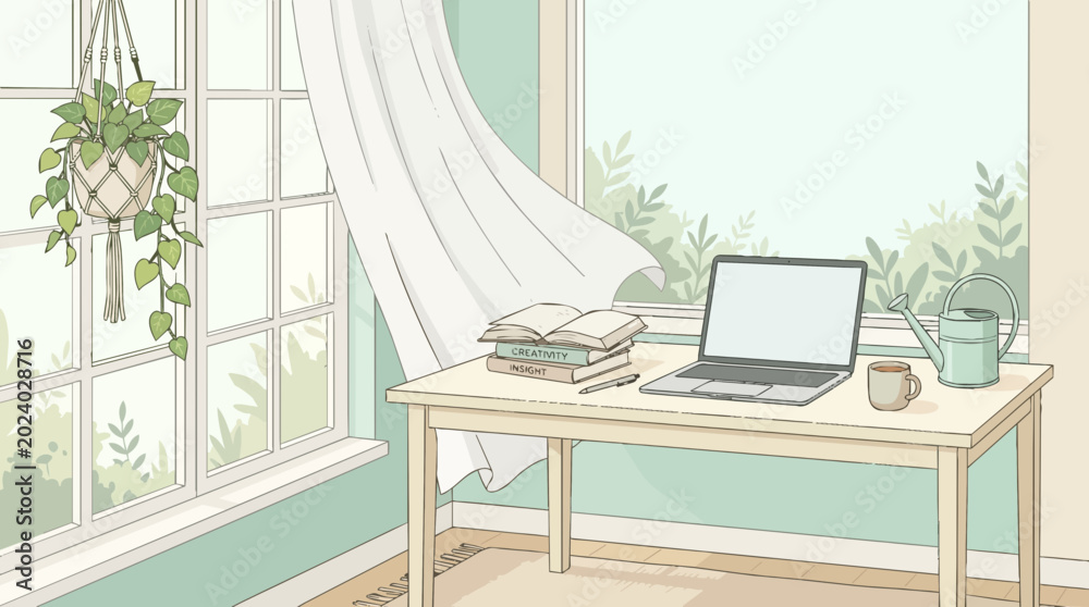 Fototapeta premium Window Interior Illustration With Hanging Plant And Desk For Home Office