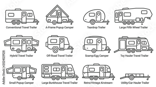 Collection of diverse towable trailer and camper icons, including travel trailers, pop-ups, and fifth wheels for recreational vehicle enthusiasts and outdoor adventures