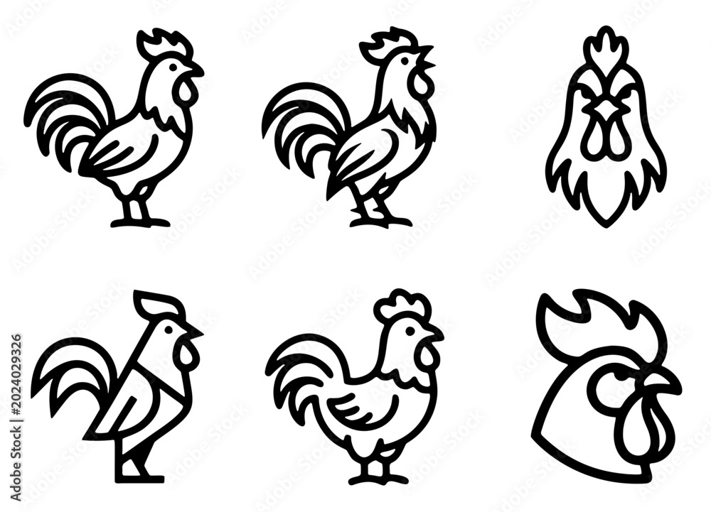 Obraz premium Farm Animal Rooster Chicken Outlines. Simple farm animal rooster chicken outlines depicting various standing and walking bird poses clearly