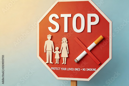 This craft-style stop sign features a crossed cigarette and a family silhouette, conveying the message of no smoking to protect loved ones from secondhand smoke harm.
