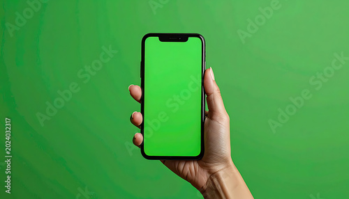 Hand holding a smartphone with a green screen, perfect for app development or presentation mockups, green background.