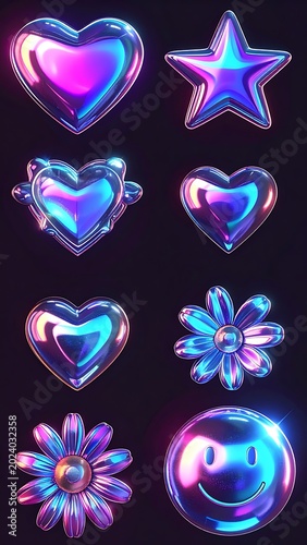 A collection of shiny, holographic heart, star, and flower shapes