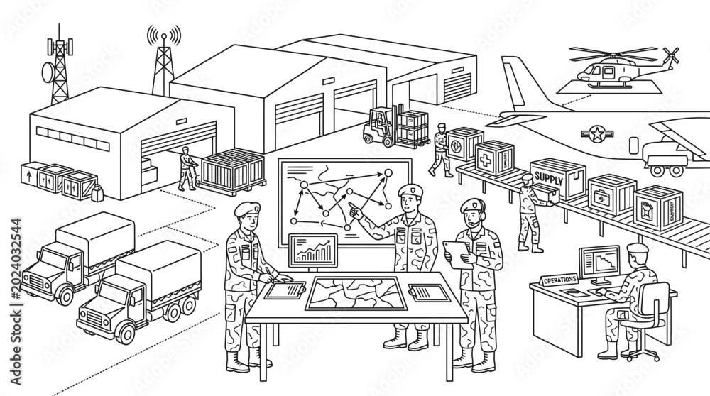Fototapeta premium Line drawing of military personnel working at a logistics control center with trucks, aircraft, and buildings in the background.