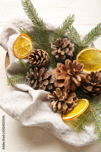 Tray with pine cones, fir b...
