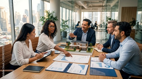A diverse team of real estate developers discussing housing project details with a 3D architectural model on a wooden conference table in modern office.