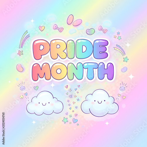 A cute, pastel rainbow illustration celebrating Pride Month with smiling clouds, hearts, and stars. Pride month poster ready to post in social media.