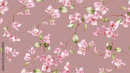 Floral seamless pattern featuring watercolor-style pale pink Bougainvillea fl...