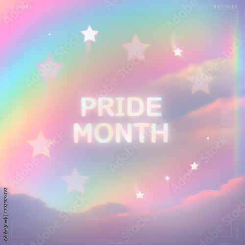 A pastel rainbow sky with soft clouds and glowing stars, featuring the text 