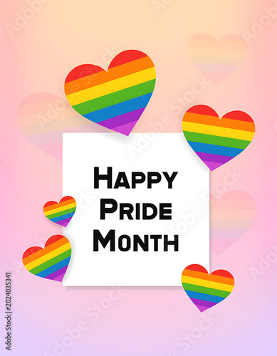 A vibrant graphic celebrating Pride Month with rainbow hearts on a gradient background. Pride month poster ready to be post in social media.