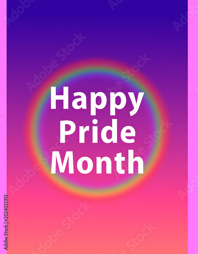 Vibrant 'Happy Pride Month' message with a rainbow circle on a gradient background. Pride month poster ready to be post in social media.