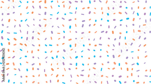 An energetic arrangement of orange, purple, and blue dash shapes and small round dots