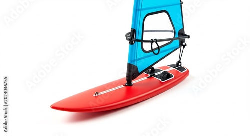 Dynamic red windsurfing equipment featuring a striking blue sail photographed with crisp studio light against a clean white backdrop. AI Generated