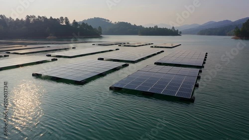 Aerial view of floating solar panels on a calm lake surrounded by misty mountains.