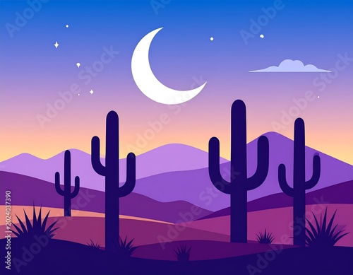 Desert night landscape with crescent moon and cacti