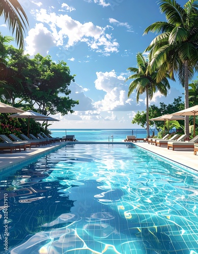 Tropical resort infinity pool overlooking ocean.