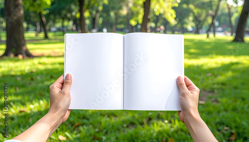 Hands holding open blank white book in a sunny park, with green grass and trees, suitable for copy space and outdoor reading themes