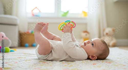 Sweet baby joyfully engages with a colorful toy bathed in warm natural light from a sunny window. AI Generated