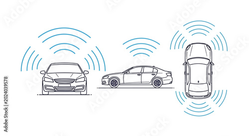 Autonomous car technology line art set showing sensor signals and smart vehicle systems from front, side and top views