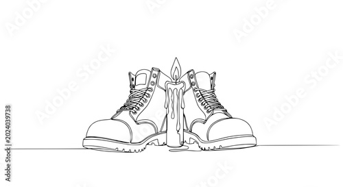 Foto Single Line Drawing: Work Boots and Burning Candle, Concept of Remembrance or Vi